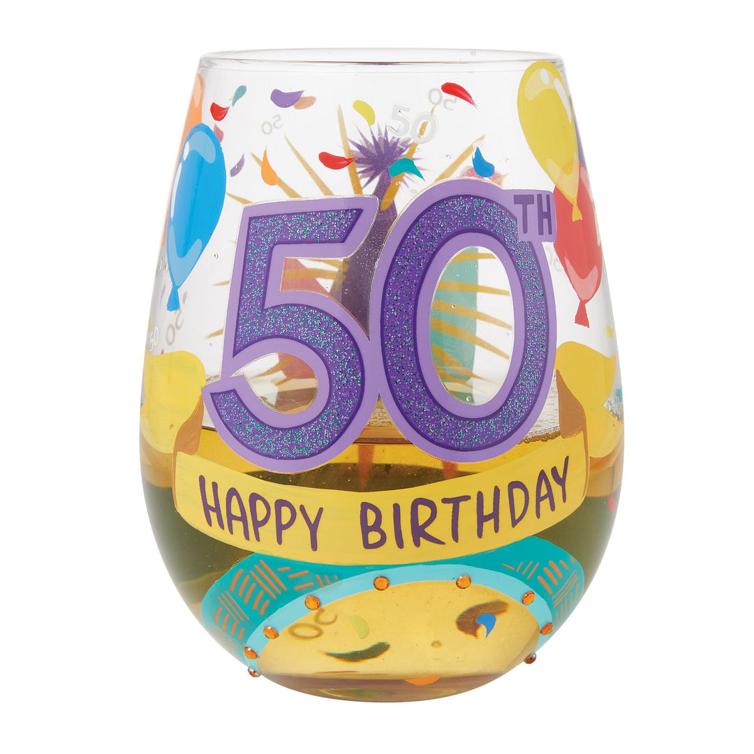 Happy 50th Birthday Stemless Wine Glass by Lolita