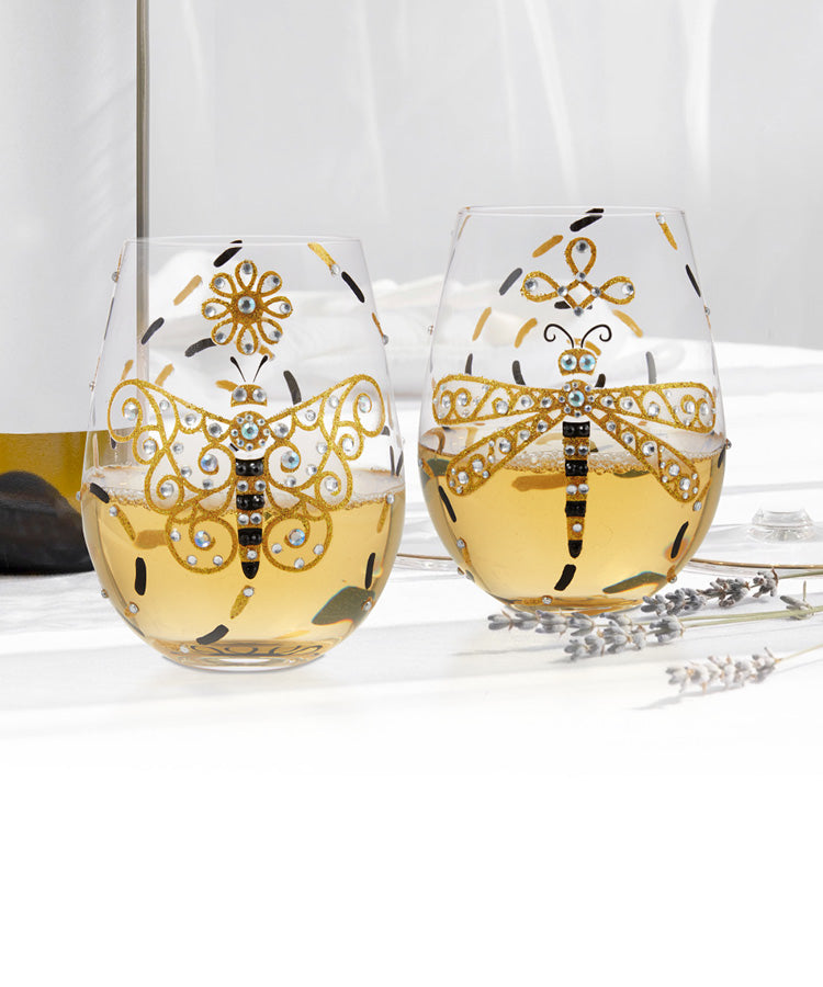 Dazzling Dragonfly and Brilliant Butterfly stemless glasses by Lolita